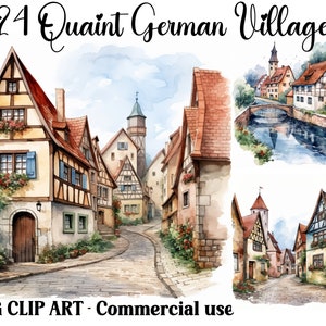 Urige Deutsche Dörfer Aquarell Clipart Szenen, Fantasy Stadt Digital & Papiermodelle | Sofortiger Download von Hintergründen mit kommerzieller Nutzung als JPG