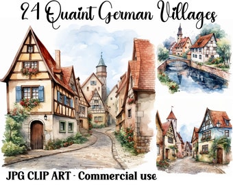 Quaint German Villages Watercolor Clipart Scenes, Fantasy town Digital & Paper Crafts | Instant Download backgrounds, Commercial use JPGs
