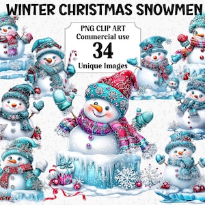 冬のクリスマス雪だるまのクリップアート、かわいいブルーの高級で面白いクールな雪だるまの即時ダウンロード、商用利用、透明なPNG昇華バンドル