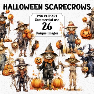 以下が含まれることがあります： 26種類のユニークなハロウィーンのかかしのイラストのセット。かかしはさまざまなコスチュームを着て、かぼちゃやその他のハロウィーンのテーマのアイテムを持っています。イラストは水彩画のスタイルで、幻想的で不気味な雰囲気があります。