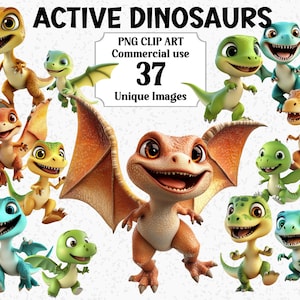 Clipart actieve dinosaurussen - schattige 3D-stijl Instant Download groen blauw bruin vliegende dino's, commercieel gebruik, transparante sublimatie PNG-bundel