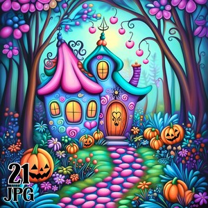 May include: A whimsical illustration of a colorful fairy house with a pink roof, blue walls, and an orange door. Jack-o'-lanterns line the path leading to the house. The image has a vibrant, cartoonish style, with the text "21 JPG" in the lower left corner.