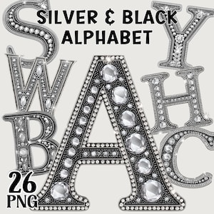 May include: Silver and black alphabet letters, including A, B, C, H, S, W, and Y, are displayed. The letters are embellished with silver and clear gems. The text "SILVER & BLACK ALPHABET" is at the top, and "26 PNG" is at the bottom.