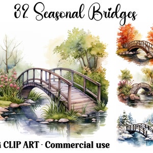 May include: Four watercolor illustrations of bridges over streams in different seasons. The first image shows a wooden bridge over a stream in a lush green forest. The second image shows a wooden bridge over a stream in a forest with red and orange leaves. The third image shows a wooden bridge over a stream in a forest with brown leaves. The fourth image shows a wooden bridge over a stream in a snowy forest.