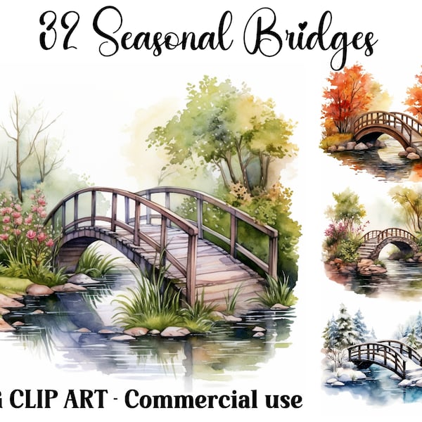 Seasonal Bridges Watercolor Clipart Scenes, Instant Download Winter, Spring, Summer, Fall Landscape Commercial Use Backgrounds,  JPG bundle