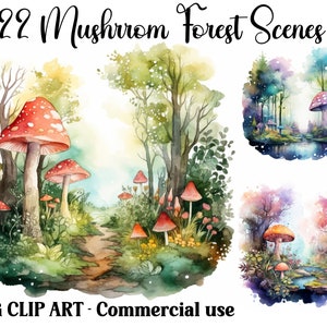 Clipart ad acquerello di scene di foresta di funghi, artigianato digitale/carta fantasy, download istantaneo sfondi di paesaggi magici, JPG per uso commerciale