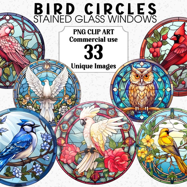 Bird Circles Stained Glass Windows Clipart, Digital & Paper Crafts, Instant Download Commercial use Transparent Sublimation PNGs, Wall Art