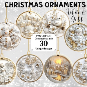 Ornements de cercle de Noël blanc et or effet 3D, téléchargement immédiat festif rond commercial Clipart transparent Noël PNG sublimation lot