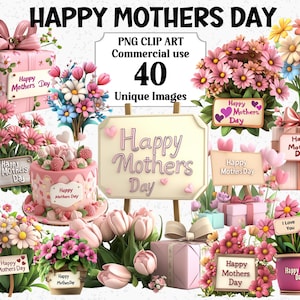 Clipart floral del Día de la Madre Feliz: letreros y regalos con flores en estilo 3D, descarga instantánea, uso comercial, paquete PNG de sublimación transparente