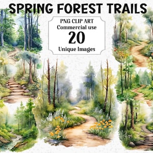 May include: Watercolor clip art set titled "Spring Forest Trails" featuring 20 unique images. The images depict forest scenes with trails, trees, and foliage. The color palette includes greens, browns, and yellows, creating a natural and serene aesthetic.