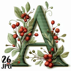 May include: A capital letter A in a dark green shade with a gold outline, decorated with clusters of red berries and light green leaves. The letter is surrounded by botanical elements, featuring stems with small round berries and foliage.