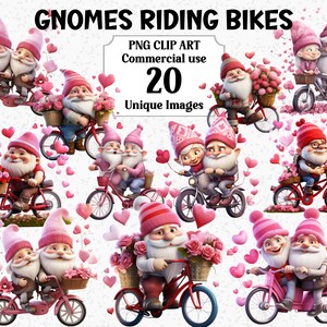 Gnomes, faire du vélo, Saint-Valentin amour aquarelle Clipart, fleurs, téléchargement immédiat, usage commercial, PNG Transparent sublimation Bundle