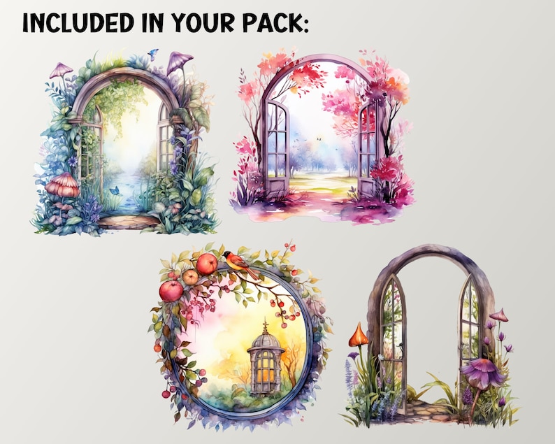 Fairytale Windows Scenes Watercolor Landscape Clipart, Scrapbooking ...