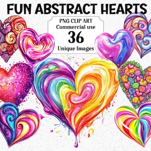 Clipart de acuarela de corazones abstractos divertidos para el día de San Valentín, tarjetas de invitación, descarga instantánea, paquete de sublimación PNG transparente comercial
