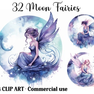 Scènes de clipart nuit aquarelle fées de la lune, créations numériques fantastiques de conte de fées, lot d'arrière-plans en téléchargement immédiat, fichiers JPG pour un usage commercial