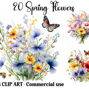 Cenas de clipart de aquarela de flores silvestres de primavera, artesanato digital e em papel, download instantâneo de fundos florais bonitos, pacote JPG para uso comercial
