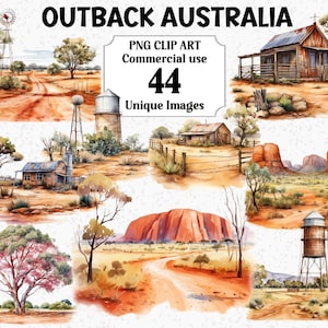 Aquarelle de l'outback australien rural Aussie Country Clipart, Uluru, arbres de gomme de silos, téléchargement immédiat de graphiques numériques, lot de sublimation PNG