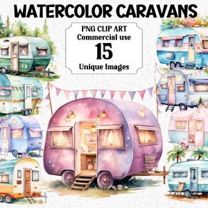Clipart de Caravanas em Aquarela Fofo Pastel Digital Férias Camping Trailor Sublimação Download Instantâneo Uso Comercial Pacote PNG Transparente