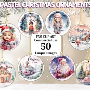 Pastelowa ozdoba świąteczna Clipart (2), Natychmiastowe pobieranie Użytek komercyjny, Przezroczysty ładny choinka Mikołaj Dziewczyna Chłopiec Krąg PNG sublimacja pakiet