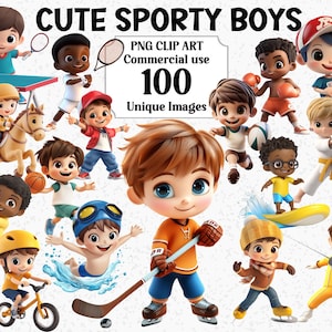 Può includere: Illustrazione digitale di ragazzi dei cartoni animati che praticano vari sport. L'immagine include il testo "CUTE SPORTY BOYS" e "PNG CLIP ART Commercial use 100 Unique Images."