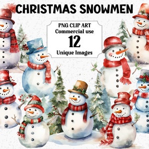 Kerstsneeuwman wintertaferelen aquarel illustraties, ambachtelijke scrapbooking decoraties, Instant Download commercieel gebruik transparante PNG clipart