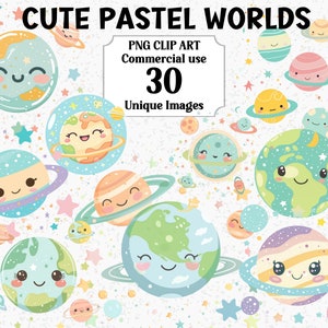 Süße Pastell Welten Aquarell Clipart, sofortiger Download kommerzielle Nutzung, Kawaii Galaxy Planeten Erde, transparente PNG Sublimation bündel