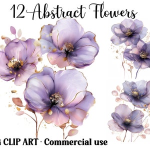 12 Abstrakte Blumen Lila & Gold Aquarell Clipart, Floral Digital / Papier Handwerk, sofortiger Download Hintergründe, kommerzielle Nutzung JPG Bundle