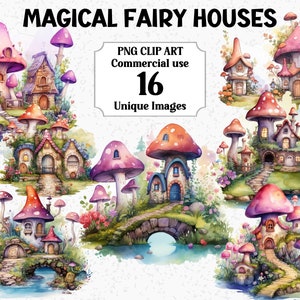 Magiczne domy wróżek akwarela clipart, cyfrowe i papierowe rzemiosło, natychmiastowe pobieranie, komercyjne użycie przezroczysty PNG sublimacja grzyb pakiet