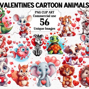 Cartoon Animals Valentines Day Watercolor Clipart, Cards Craft, Instant Download Love Pets Commercial use Transparent PNG Sublimation Bundle