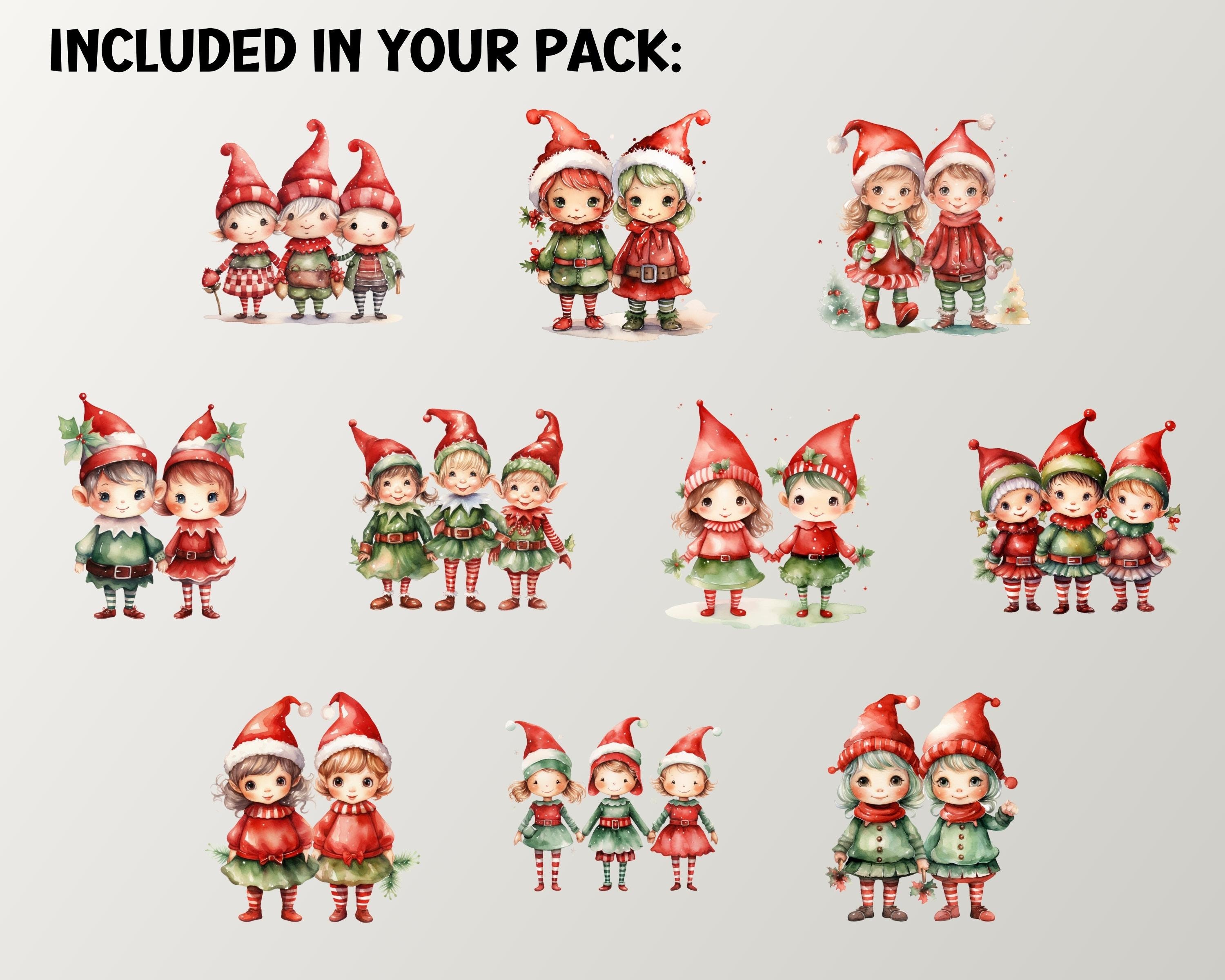 Red & Green Christmas Elves Watercolor Clipart, Craft Sublimation ...