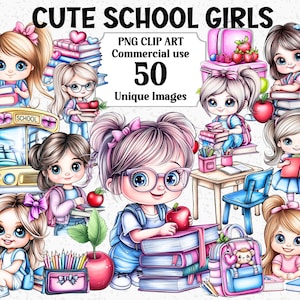 Clipart mignons écolières usage commercial retour à l'école enfants enfants gens fille sac bureau livre livre transparent PNG sublimation paquet