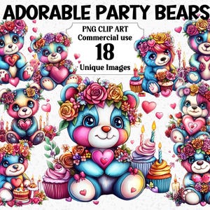 Adorable fête des cliparts ours, anniversaire Saint-Valentin, créations numériques et cartes, téléchargement immédiat commercial PNG transparent sublimation Bundle