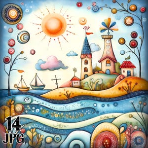 May include: A whimsical watercolor illustration of a coastal village with a bright sun, sailboats, and stylized buildings. The image features a blue ocean, rolling hills, and decorative trees. The text "14 JPG" is visible in the lower left corner.