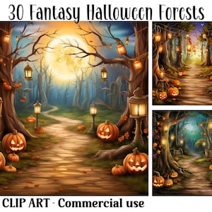 May include: 30 digital clip art images of fantasy Halloween forests with pumpkins, lanterns, and winding paths.  JPG CLIP ART - Commercial use.