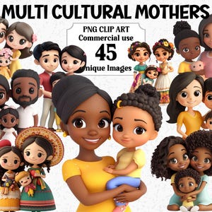 3D-stijl multiculturele moeders clipart, Moederdag commercieel gebruik PNG moeder moeder Instant Download familie kinderen sublimatie grafische bundel