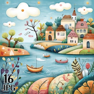 Skurrile Waterfront Clipart Skurrile Fluss-Szenen Bunte Hintergründe Digitales Papier Sofortiger Download Lakeside Whimsy kommerzielle JPG-Bundle