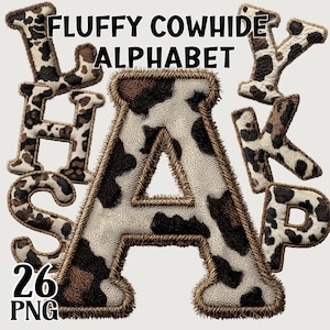 May include: A collection of alphabet letters with a fluffy cowhide design. The letters are in various shapes and sizes, with a mix of brown, black, and white patterns. The image includes the text "FLUFFY COWHIDE ALPHABET" and "26 PNG".