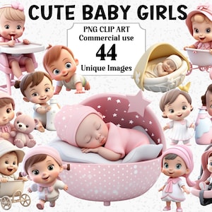 Clipart di bambine carine in stile 3D, bambini, persone, figlia, neonati rosa, famiglia di bambini piccoli, bundle PNG di sublimazione trasparente commerciale