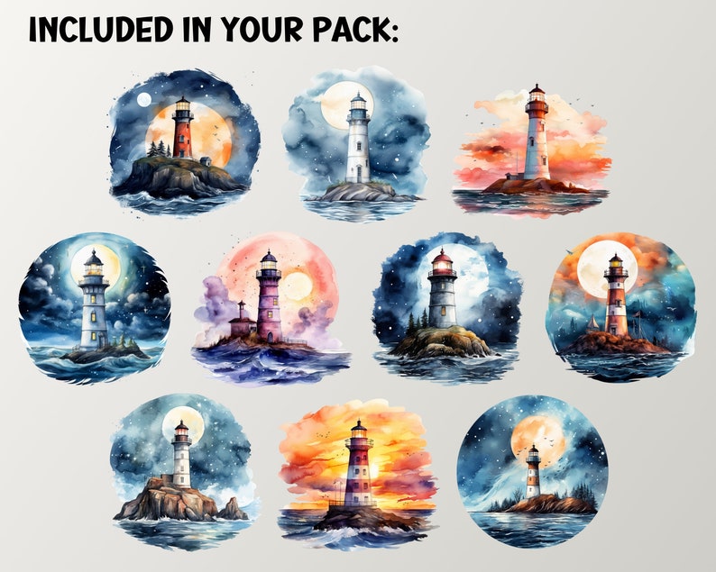 Night Lighthouses Watercolor Clipart, Digital & Paper Craft, Instant ...