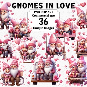 Gnomes amoureux Saint Valentin Clipart aquarelle, coeurs couples fleurs, téléchargement immédiat à usage commercial PNG Transparent sublimation Bundle