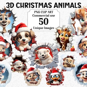 3D Stil süße Tiere Weihnachten PNG Clipart, Sofortiger Download Kommerzielle Nutzung, Katze Hund Pinguin Bär Rentier, Transparente Sublimationsbündel