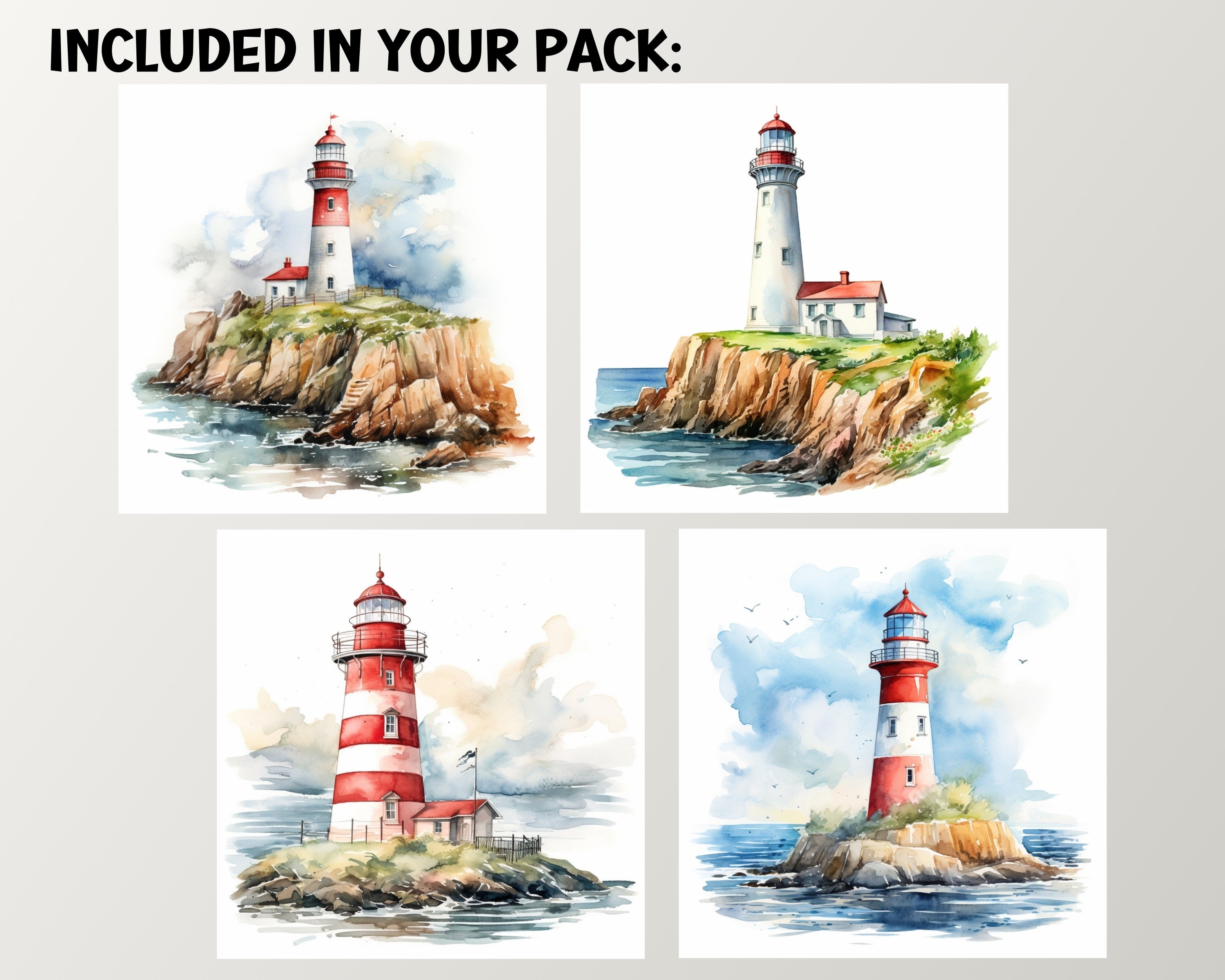 Coastal Lighthouses Watercolor Clipart Scenes, Digital & Paper Craft ...