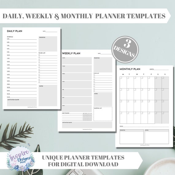 Daily Weekly Monthly Printable Planner Templates for Instant | Etsy