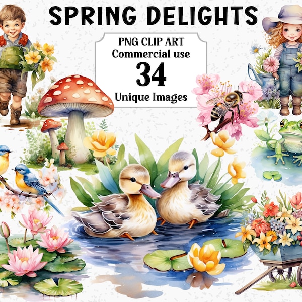 Spring Delights Watercolor Clipart, Digital Floral Crafts, Duck Flowers Mushrooms Birds Butterfly, Transparent Floral PNG Sublimation bundle