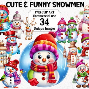 かわいい＆面白い雪だるまのクリップアート、明るいクリスマス漫画雪だるまの即時ダウンロード、商用利用、冬の透明なPNG昇華バンドル