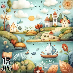 Skurrile Seeseite Whimsy Clipart bunte skurrile Hintergründe Digitales Papier Sofortiger Download Spaß am Wasser Landschaften kommerzielle JPG-Bundle