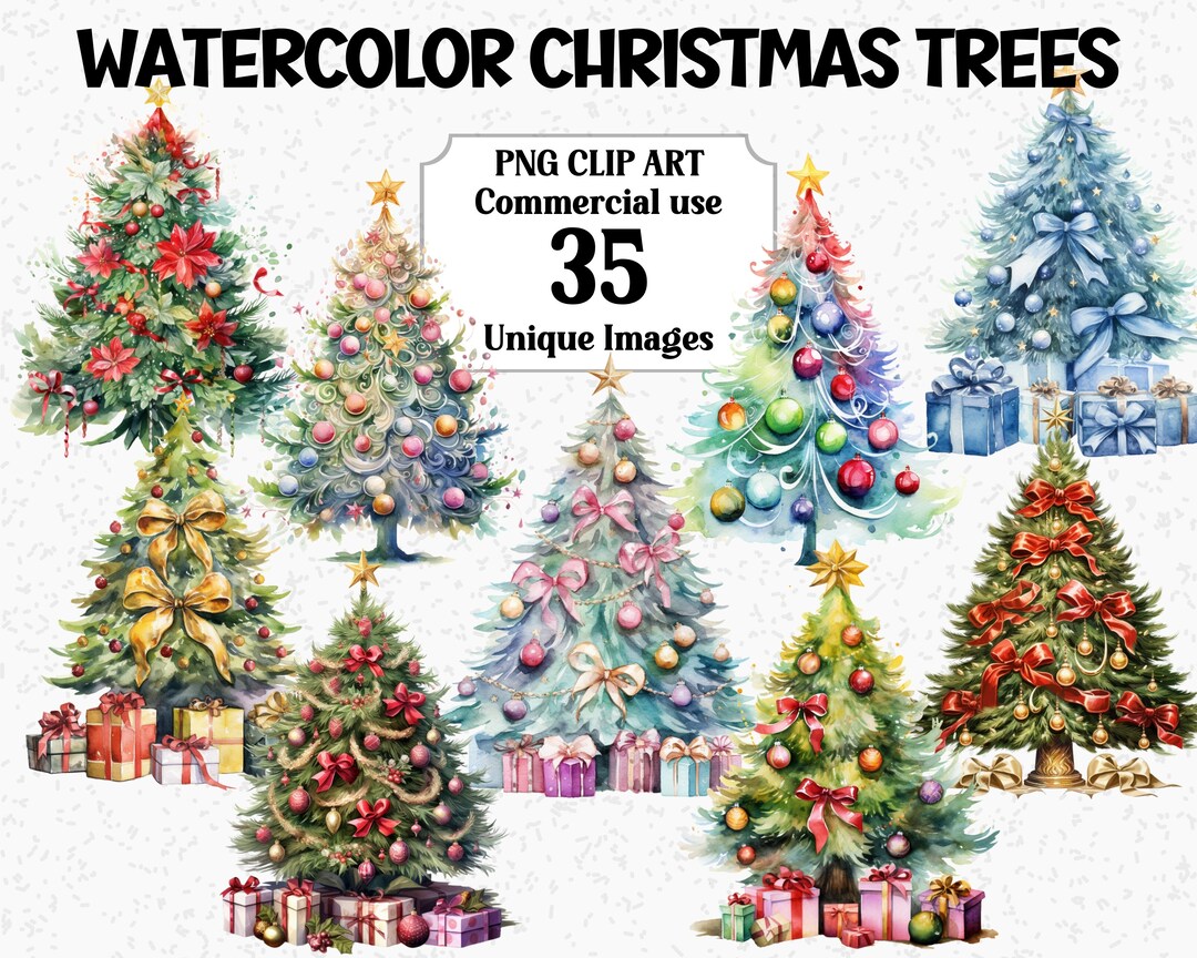 Watercolor Christmas Trees Clipart Decorations Bundle, Pastel Craft ...