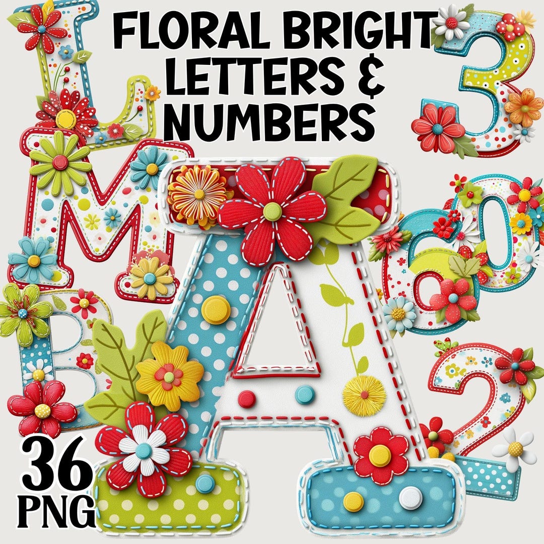 Floral Bright Letters & Numbers, Pretty Spring Flowers Alphabet Font ...
