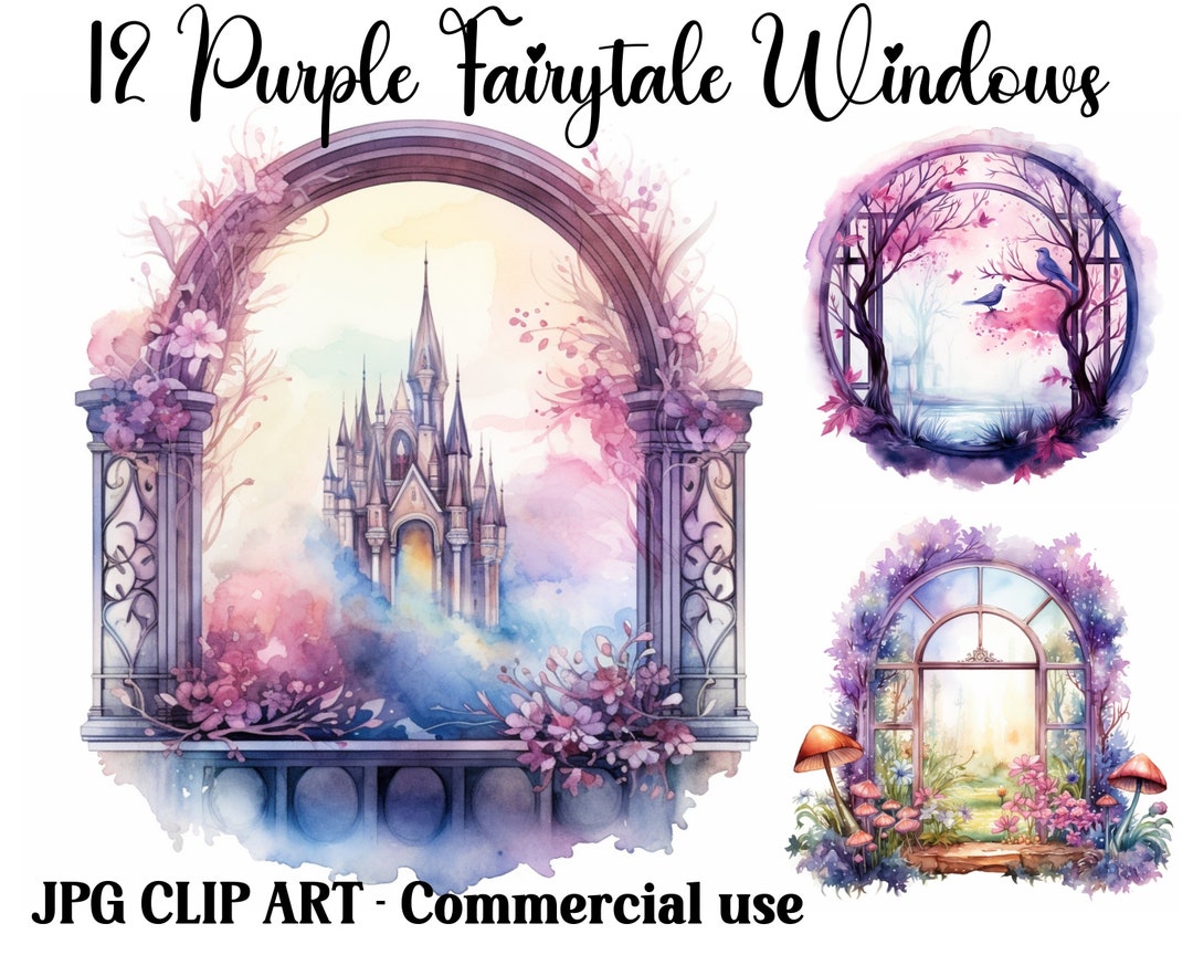 Purple Fairytale Windows Watercolor Clipart Scenes Fantasy Etsy