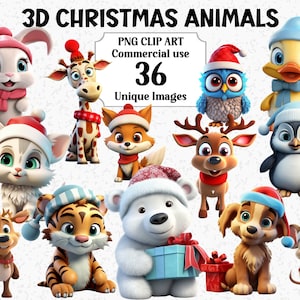 Bundle transparent de sublimation transparente de style 3D animaux de Noël animaux PNG, téléchargement immédiat utilisation commerciale, chien chat renne souris hibou ours